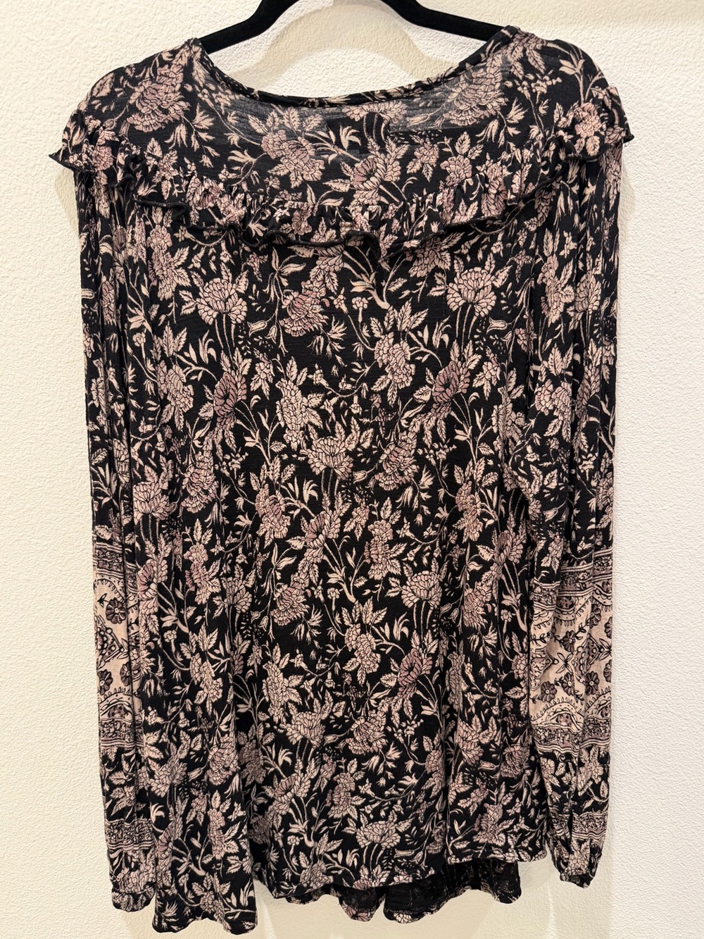 Lucky Brand Raw Edge Ruffle Floral Blouse 2XL Woodblock Boho Keyhole Top - Picture 6 of 12